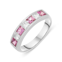18ct White Gold Pink Sapphire Diamond Princess Cut Half Eternity Ring, 3303PSW.