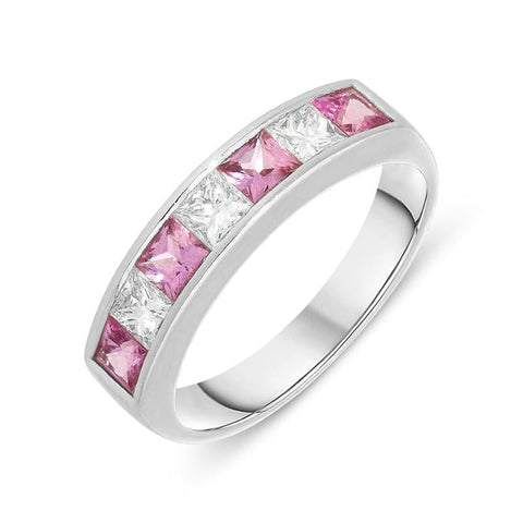 18ct White Gold Pink Sapphire Diamond Princess Cut Half Eternity Ring, 3303PSW.