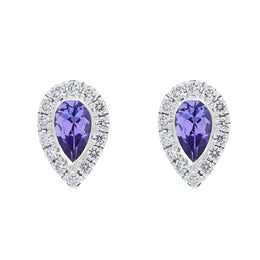 18ct White Gold Tanzanite Diamond Pear Stud Earrings. 03-14-057.