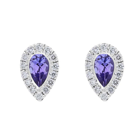 18ct White Gold Tanzanite Diamond Pear Stud Earrings. 03-14-057.