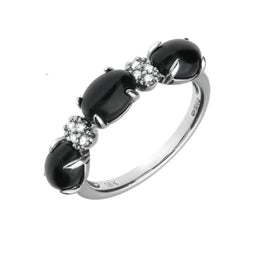 18ct White Gold Whitby Jet 0.08ct Diamond 3 Stone Oval Ring R761