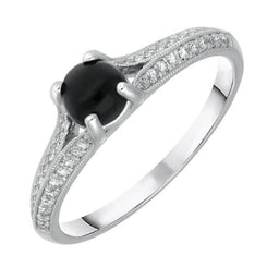 18ct White Gold Whitby Jet 0.15ct Diamond Claw Set Centre Ring R890