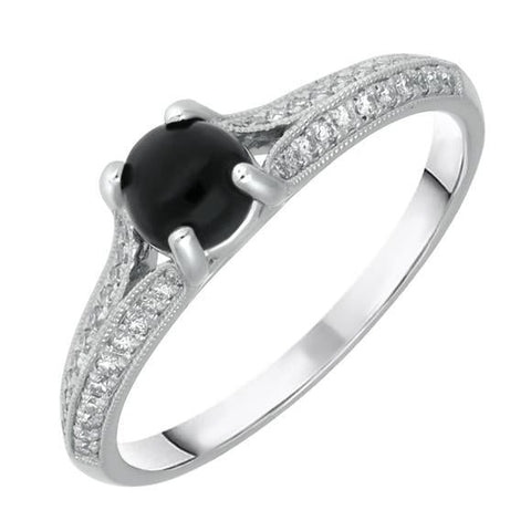 18ct White Gold Whitby Jet 0.15ct Diamond Claw Set Centre Ring R890