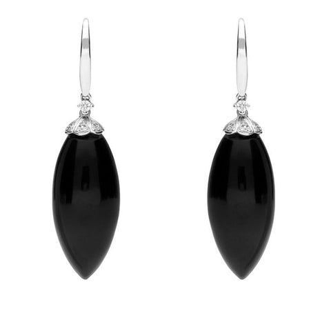 18ct White Gold Whitby Jet 0.16ct Diamond Cluster Drop Earrings. E2251.
