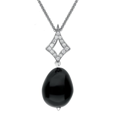18ct White Gold Whitby Jet Diamond Bead Pave Set Open Diamond Shape Necklace, PUNQ0000266