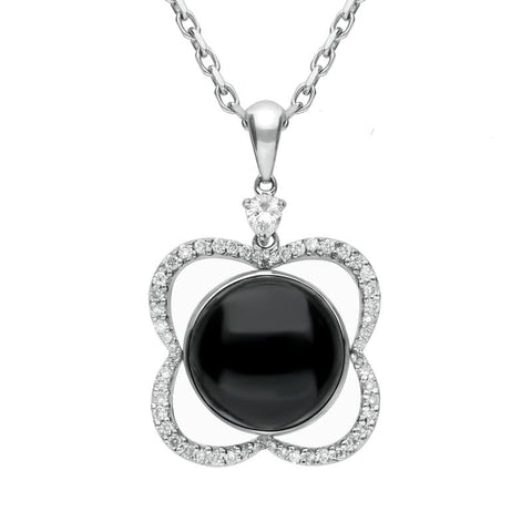 18ct White Gold Whitby Jet Diamond Open Flower Necklace, P1331
