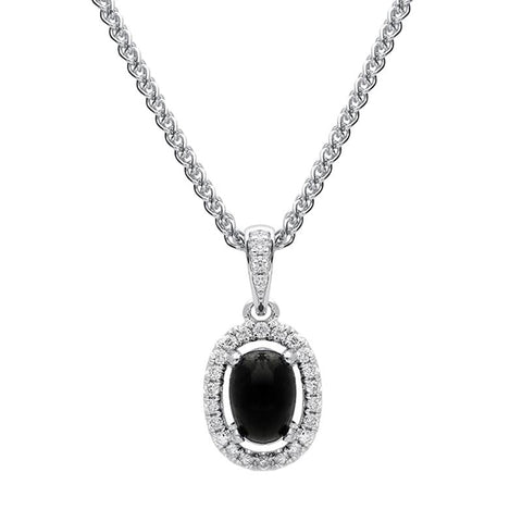 18ct White Gold Whitby Jet Diamond Oval Cluster Necklace, P3324.