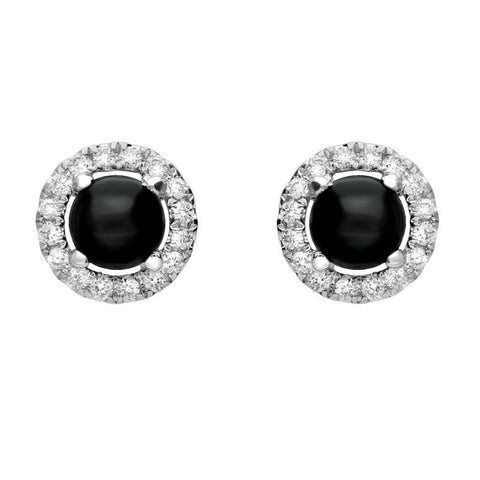 18ct White Gold Whitby Jet and Diamond Round Stud Earrings. E1994. 