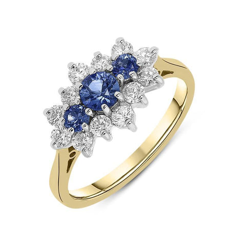 18ct Yellow Gold 0.54ct Sapphire and Diamond Cluster Ring, FEU-1226.
