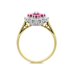 18ct Yellow Gold 0.75ct Ruby Diamond Floral Cluster Ring FEU-1104.