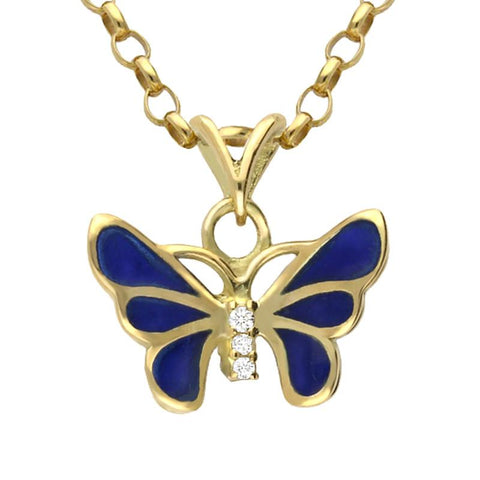 18ct Yellow Gold Diamond Blue Enamel House Style Butterfly Necklace P2939C