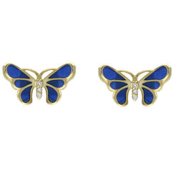 18ct Yellow Gold Diamond Blue Enamel House Style Butterfly Stud Earrings E2216