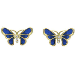 18ct Yellow Gold Diamond Blue Enamel House Style Butterfly Stud Earrings E2216
