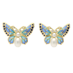 18ct Yellow Gold Diamond Pearl Enamel House Style Butterfly Stud Earrings E2215