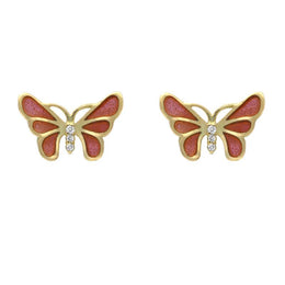 18ct Yellow Gold Diamond Red Enamel House Style Butterfly Stud Earrings E2217