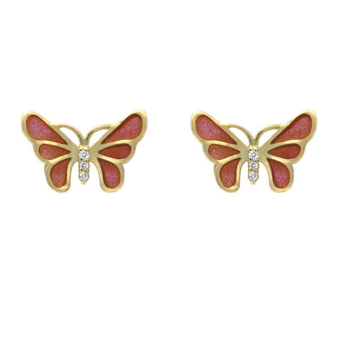 18ct Yellow Gold Diamond Red Enamel House Style Butterfly Stud Earrings E2217