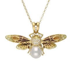 18ct Yellow Gold Pearl Enamel House Style Moth Necklace P2932