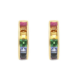 18ct Yellow Gold Rainbow Sapphire Princess Cut Curved Stud Earrings, PJW-067.