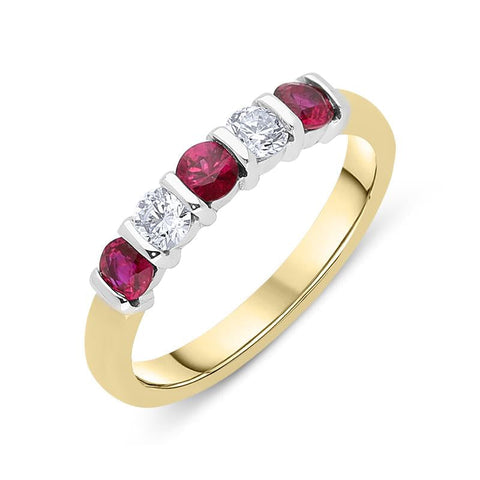 18ct Yellow Gold Ruby Diamond Five Stone Bar Set Ring FEU-1084