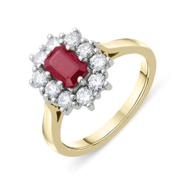 18ct Yellow Gold Ruby and Diamond Emerald Cut Cluster Ring. FEU-1277.