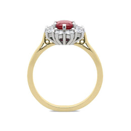 18ct Yellow Gold Ruby and Diamond Emerald Cut Cluster Ring. FEU-1277.