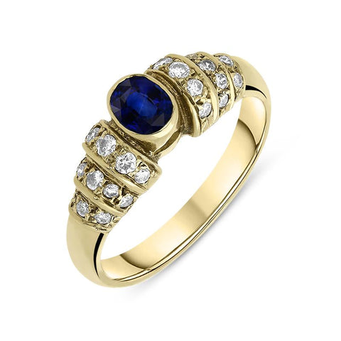 18ct Yellow Gold Sapphire Diamond Oval Cut Claw Set Ring, 007334.