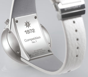 Junghans 1972 Competition Watch with white dial, leather strap, steel case