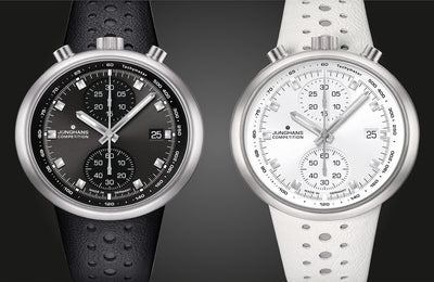 Junghans 1972 Competition Watch with white dial, leather strap, steel case