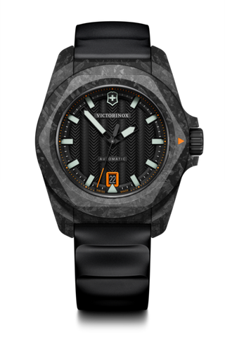 Black Victorinox watch with detailed face on a white background