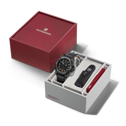 Victorinox watch and knife set in a white box with red lid