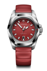 Victorinox watch with red strap and face on a white background