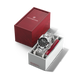 Silver watch in a white box with a red Victorinox box on a white background