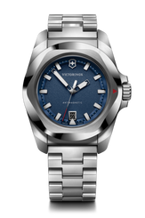 Silver Victorinox watch with blue dial on a white background