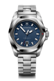 Silver Victorinox watch with blue dial on a white background