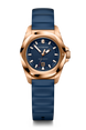 Victorinox watch with blue strap and rose gold casing on a white background
