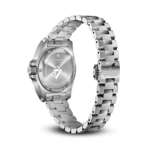 Silver Victorinox watch with a detailed metal band on a white background