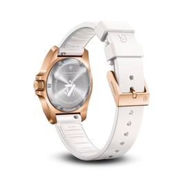 Victorinox watch with white strap and rose gold case on a white background