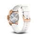 Victorinox watch with white strap and rose gold case on a white background