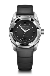Victorinox watch with black strap and black dial on a black background