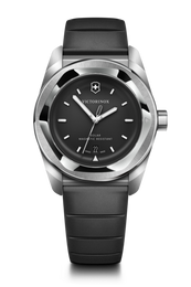 Victorinox watch with black strap and black dial on a black background