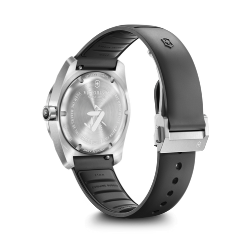 Victorinox watch with black band and silver case on a white background