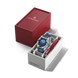 Victorinox watch with blue face and silver case in a white box on a black background