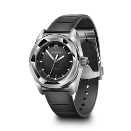 Victorinox watch with black dial and silver case on a white background