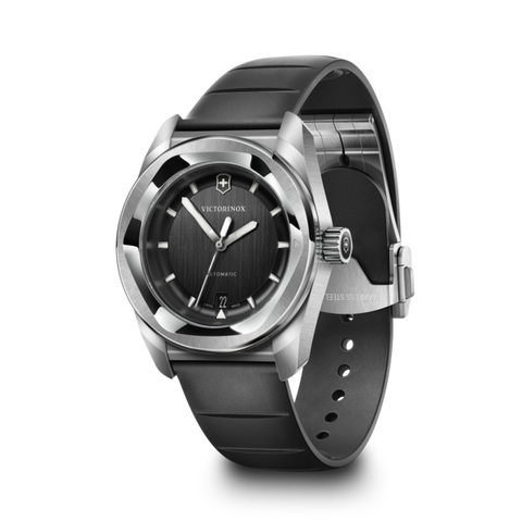 Victorinox watch with black dial and silver case on a white background