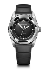 Victorinox watch with black strap and dark face on a black background