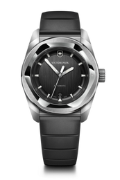 Victorinox watch with black strap and dark face on a black background