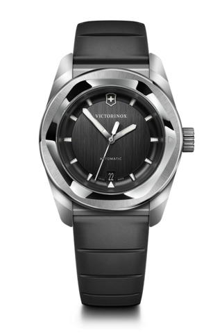 Victorinox watch with black strap and dark face on a black background