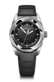 Victorinox watch with black strap and dark face on a black background