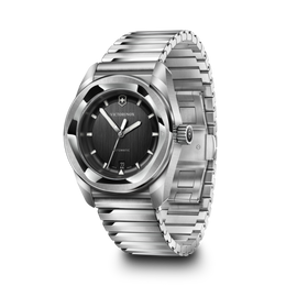 Silver Victorinox watch with black dial on a white background