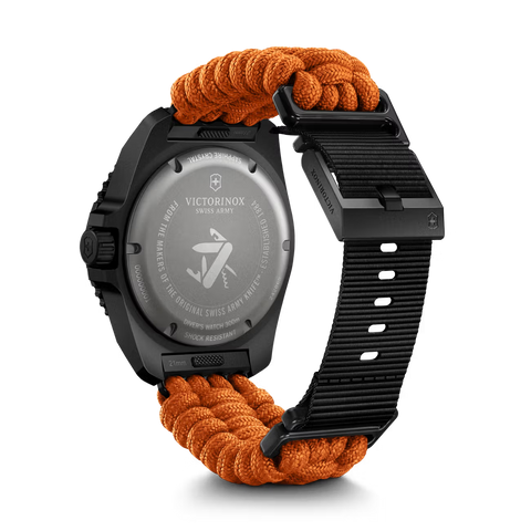 Victorinox Swiss Army watch with orange braided strap on a white background